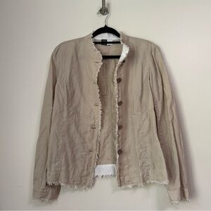 Saks Fifth Avenue Threads Beige Linen Jacket Mandarin Collar Fringed Edges Sz M